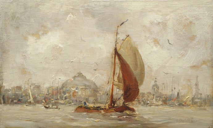 Barge in the Harbor of Amsterdam, vintage artwork by Hobbe Smith, 12x8" (A4) Poster