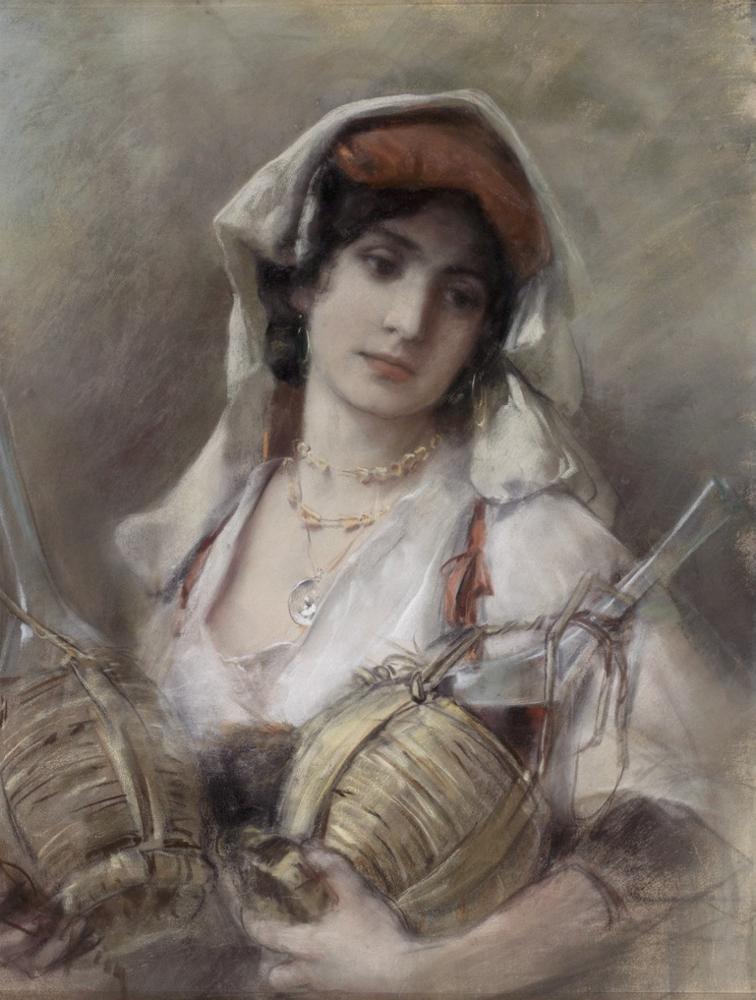 Portrait of a Woman from the Alban Hills with Two Bottles of Chianti, vintage artwork by Bruno Piglhein, 12x8" (A4) Poster