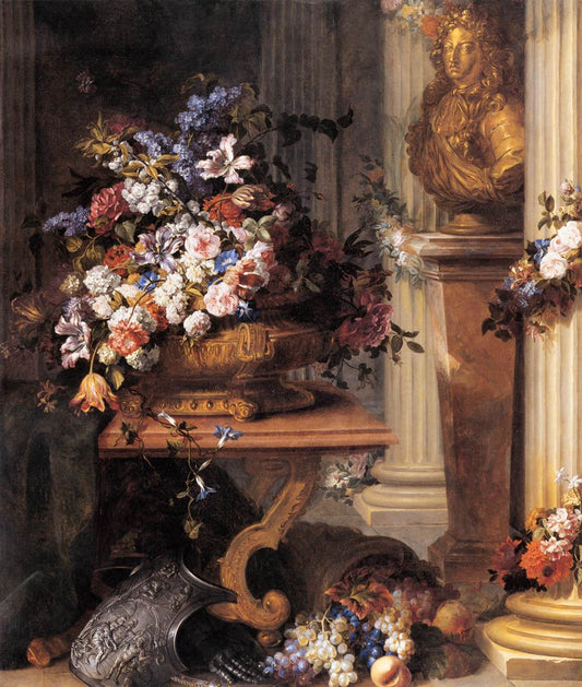 Flowers in a Gold Vase, Bust of Louis XIV, Horn of Plenty and Armour, vintage artwork by Jean-Baptiste Belin de Fontenay, 12x8" (A4) Poster
