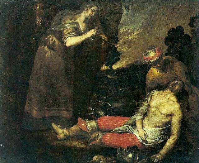 Herminia and Vafrino Find the Wounded Tancred, vintage artwork by Luciano Borzone, 12x8" (A4) Poster