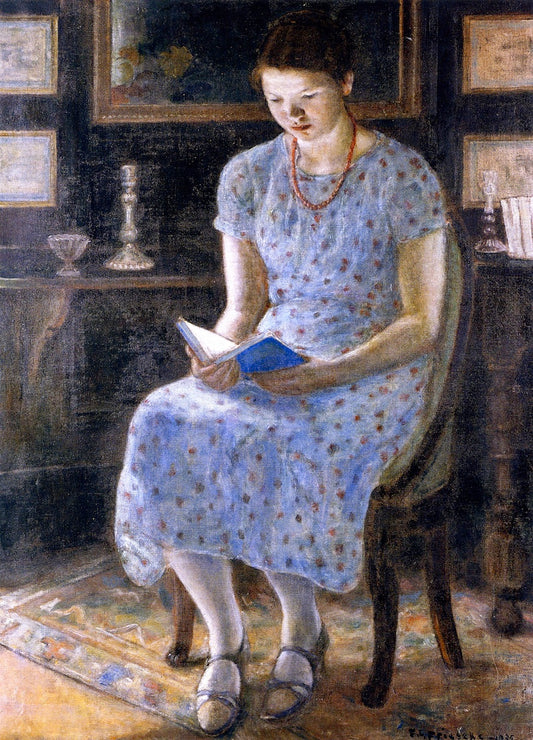 Blue Girl Reading, vintage artwork by Frederick Carl Frieseke, 12x8" (A4) Poster