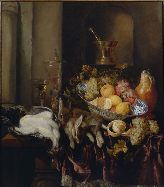 Banquet Still Life with a Self-Portrait in the Mortar Jug, vintage artwork by Abraham van Beyeren, 12x8" (A4) Poster
