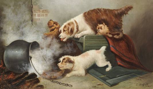 Four Terriers in an Interior, a Pot of Hot Water Falling from a Fire, vintage artwork by Edward Armfield, A3 (16x12") Poster Print