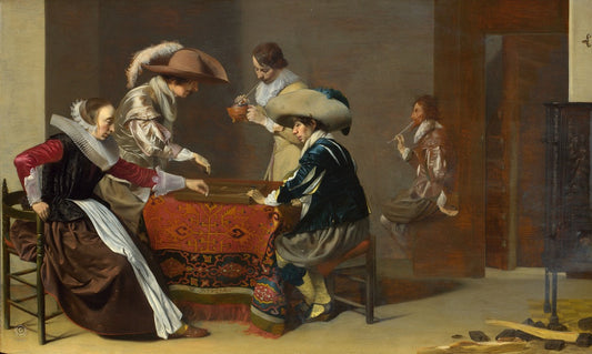 Two Men Playing Tric-trac, with a Woman Scoring, vintage artwork by Willem Duyster, 12x8" (A4) Poster