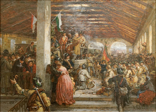 First group of Volunteers for the army of Radetzky at the old Vienna Südbahnhof before departure, vintage artwork by Friedrich Alois Schönn, 12x8" (A4) Poster