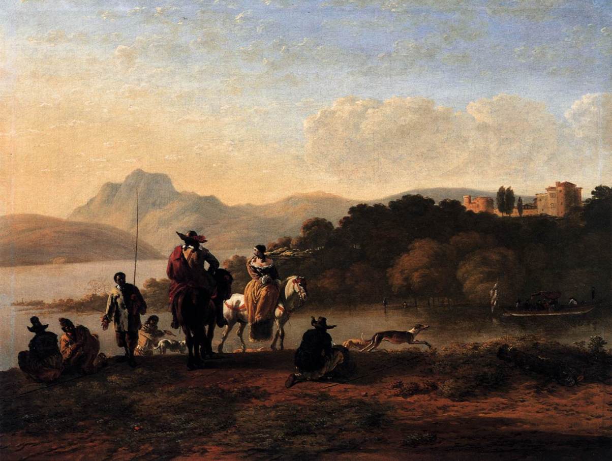 Italian Landscape with Riders and Fishermen, vintage artwork by Carel Dujardin, 12x8" (A4) Poster