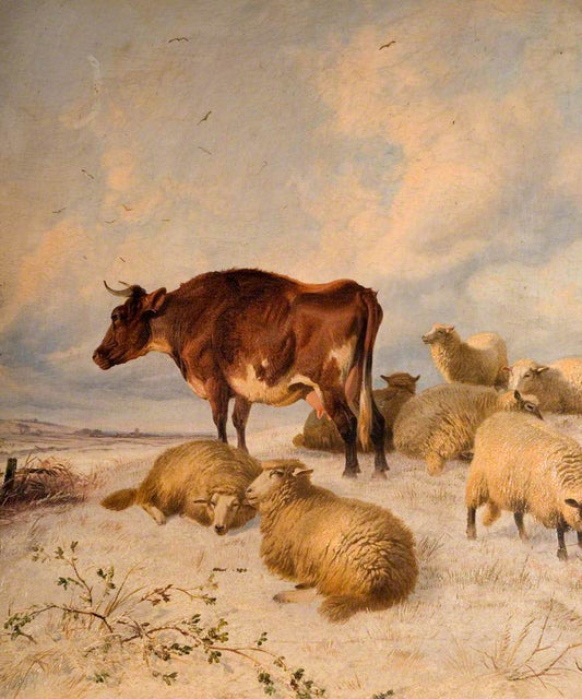 Cattle and Sheep in a Snowscape, vintage artwork by Thomas Sidney Cooper, A3 (16x12") Poster Print