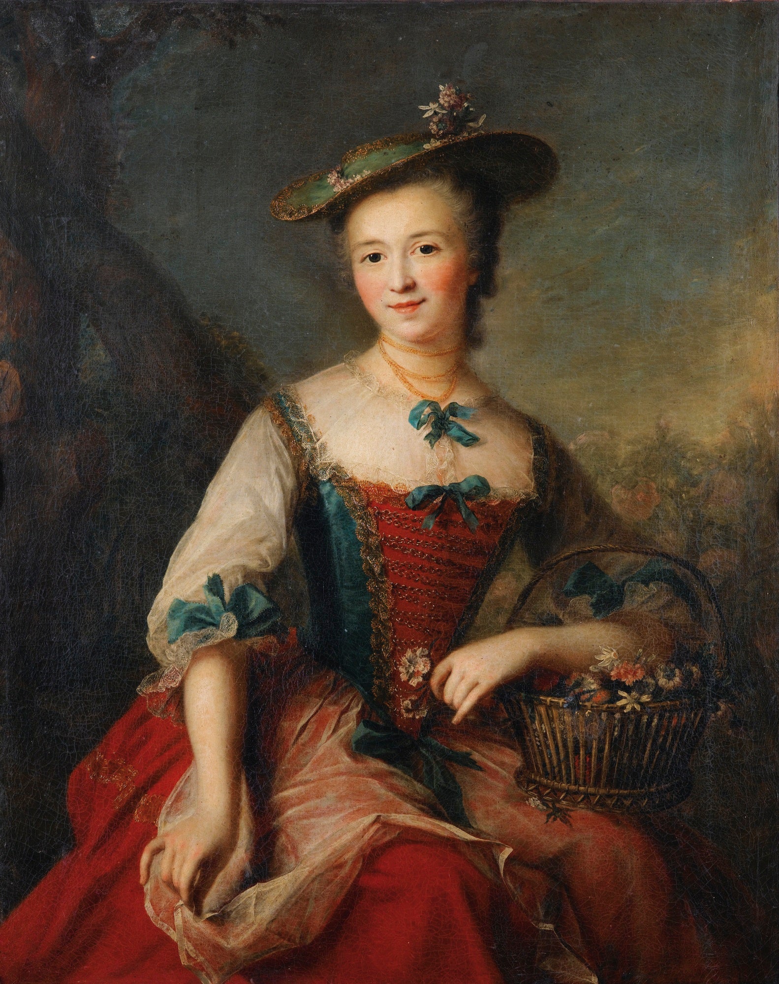 Portrait of a Lady Holding a Flower Basket, vintage artwork by Marianne Loir, 12x8" (A4) Poster