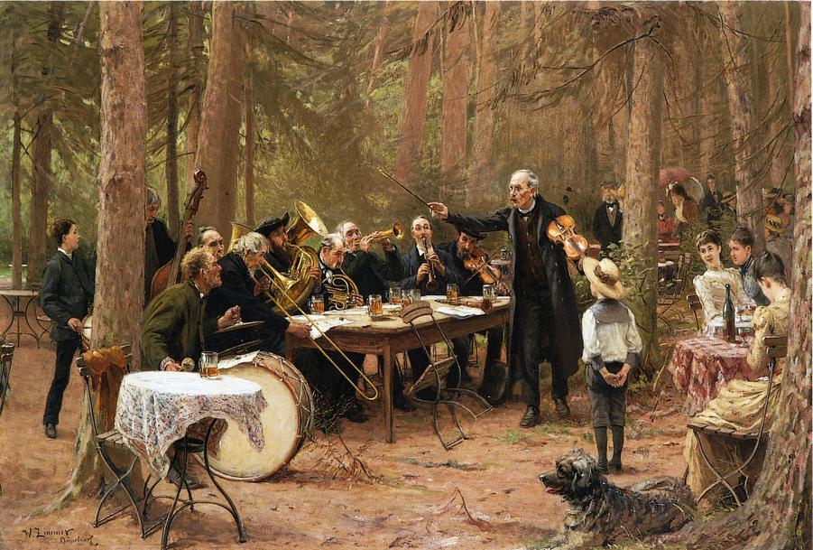 The Orchestra, Biergarten, vintage artwork by Wilhelm-Carl-August Zimmer, 12x8" (A4) Poster