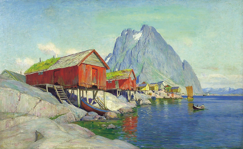 Fishing Village in Lofoten, vintage artwork by Johannes Grimelund, 12x8" (A4) Poster