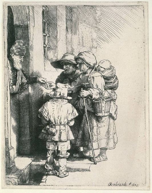 Beggars at the Door, vintage artwork by Rembrandt van Rijn, 12x8" (A4) Poster