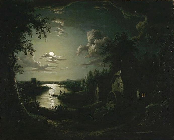 Landscape with a mill in the moonlight, vintage artwork by Aert van der Neer, 12x8" (A4) Poster