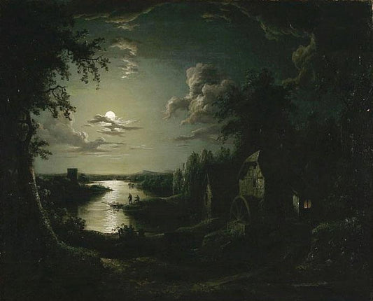Landscape with a mill in the moonlight, vintage artwork by Aert van der Neer, 12x8" (A4) Poster