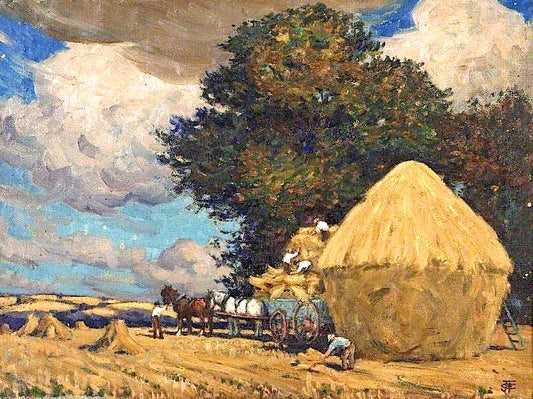 Building Corn Ricks, vintage artwork by Janet C. Fisher, 12x8" (A4) Poster