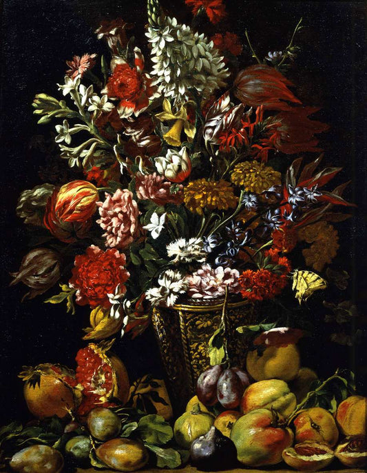 Still Life with Fruit and a Bouquet of Flowers, vintage artwork by Master of the Acquavella, 12x8" (A4) Poster