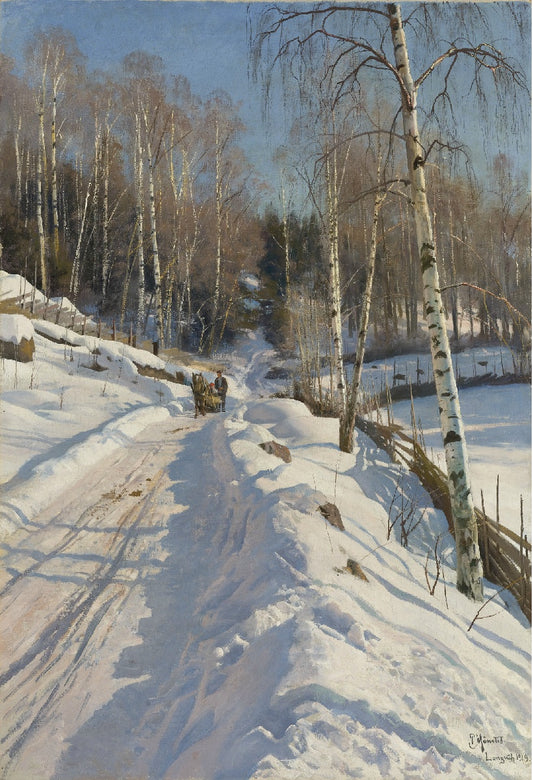 Sleigh ride on a Sunny Winter Day, vintage artwork by Peder Mork Mønsted, 12x8" (A4) Poster