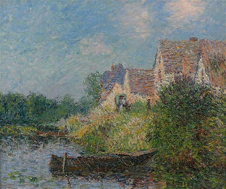 Boats by   Riverbank, vintage artwork by Gustave Loiseau, 12x8" (A4) Poster
