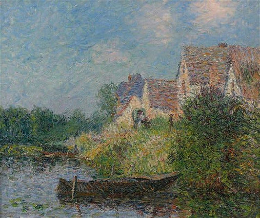 Boats by   Riverbank, vintage artwork by Gustave Loiseau, 12x8" (A4) Poster