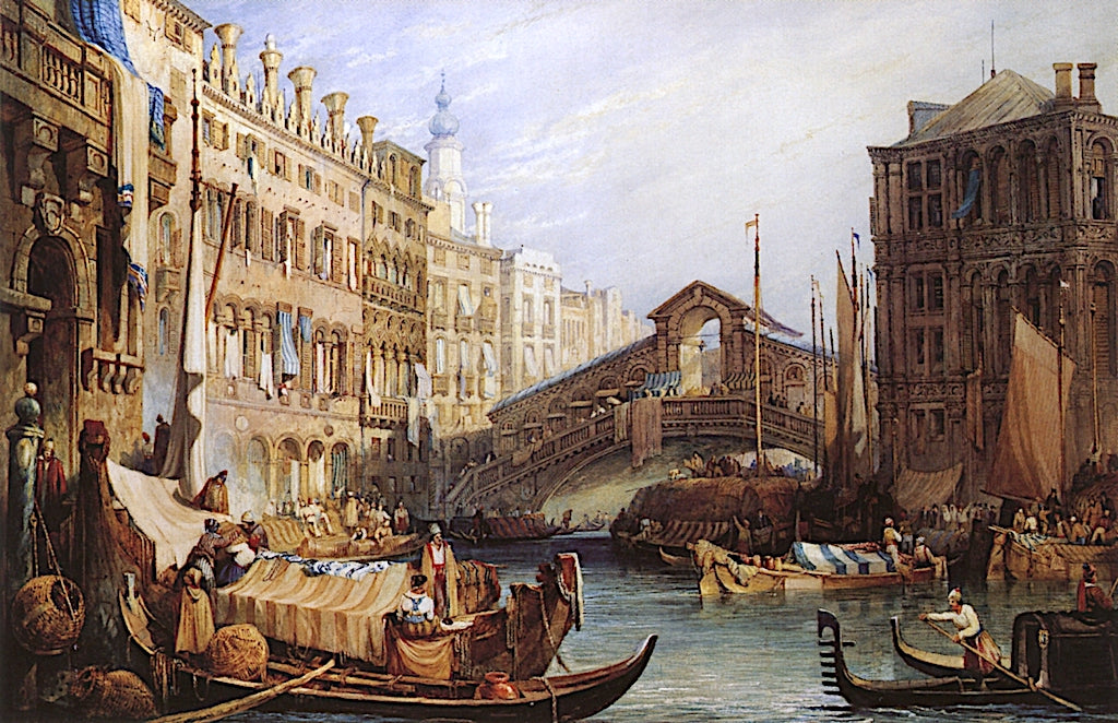 The Rialto Bridge Venice, from the North, vintage artwork by Samuel Prout, A3 (16x12") Poster Print