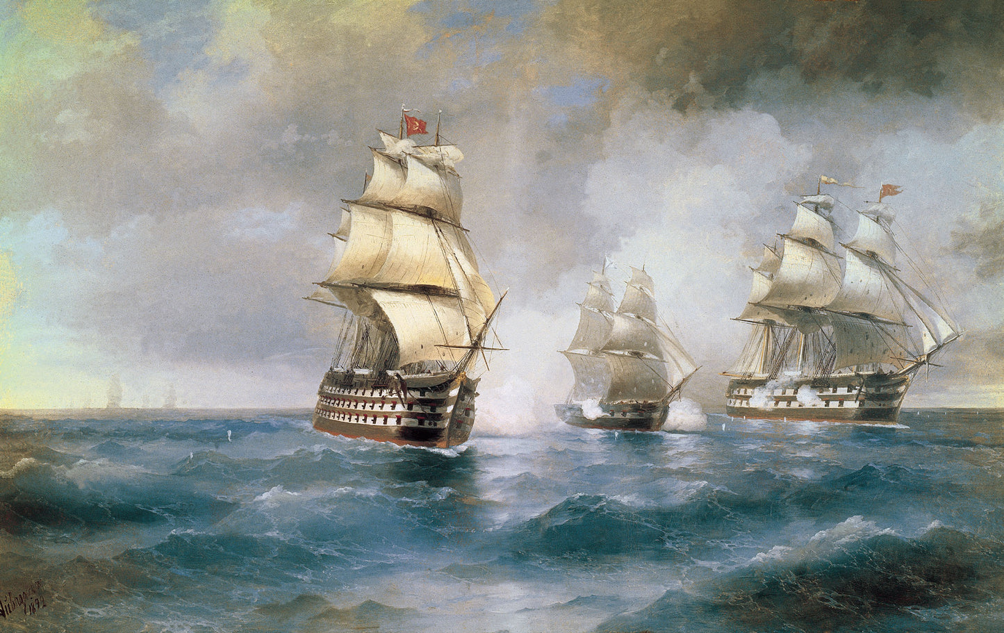 Brig Mercury Attacked by  Two Turkish Battleships, vintage artwork by Ivan Constantinovich Aivazovsky, A3 (16x12") Poster Print