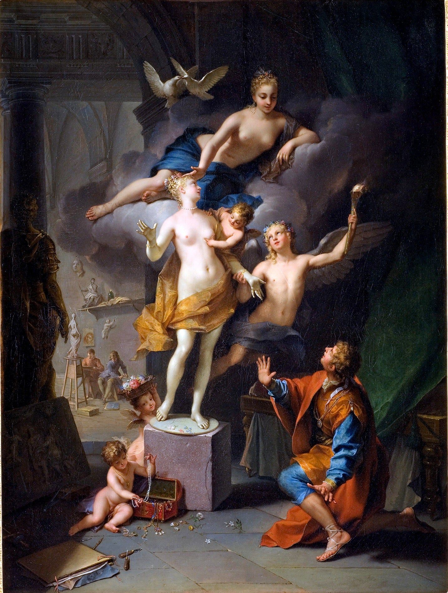 Pygmalion adoring his statue, vintage artwork by Jean Raoux, 12x8" (A4) Poster