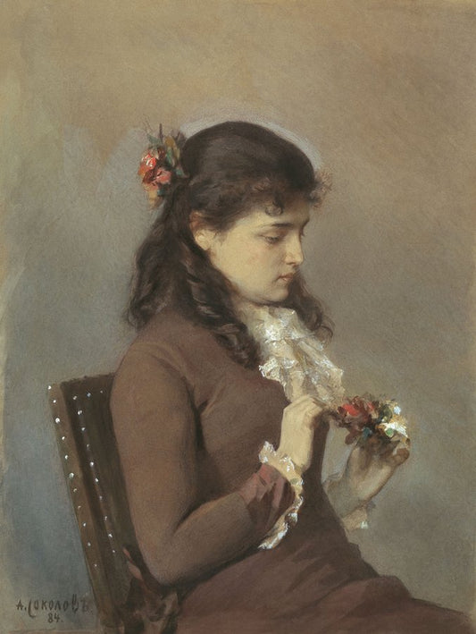 The Artist's Daughter with Flowers, vintage artwork by Alexander Sokolov, 12x8" (A4) Poster