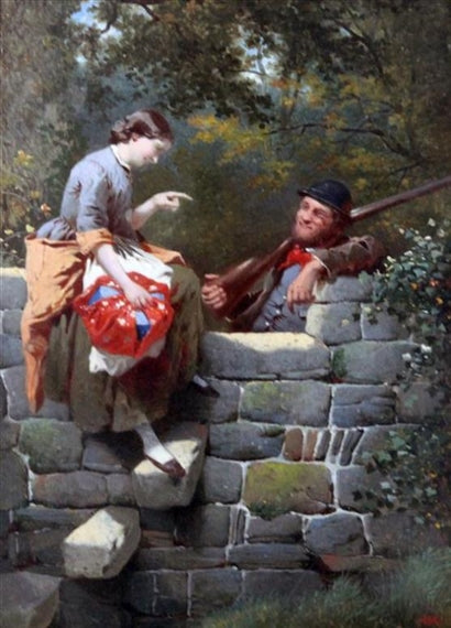 Maid and Gamekeeper Conversing at a Stile, vintage artwork by William Edward Millner, 12x8" (A4) Poster