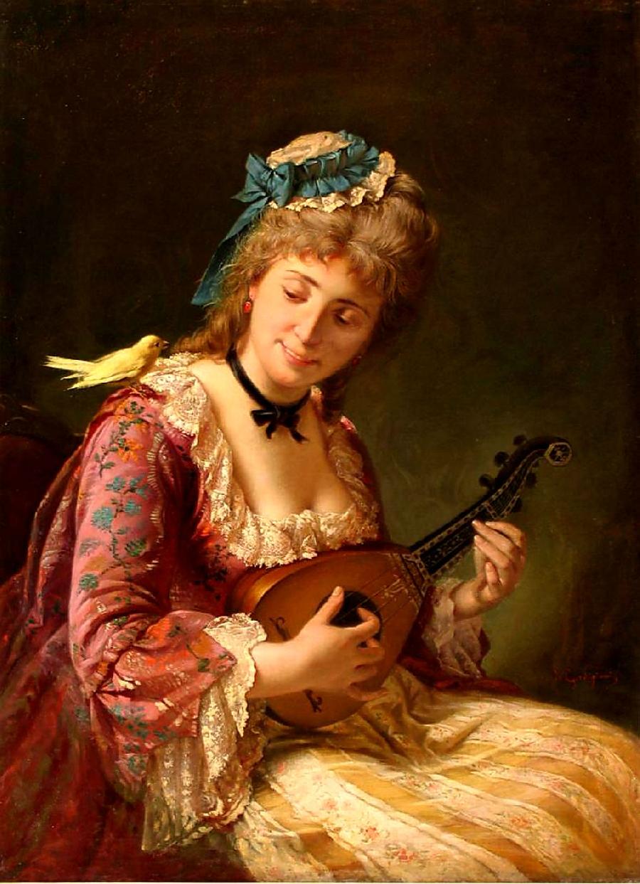Woman with lute, vintage artwork by Michele Gordigiani, 12x8" (A4) Poster