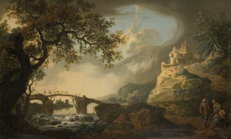 River with Old Bridge, vintage artwork by After Jean Pillement, 12x8" (A4) Poster