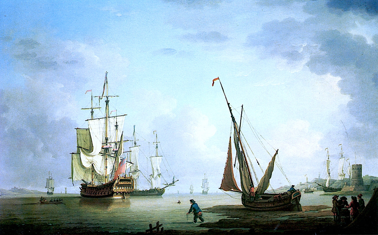  Man-o'-War and a Beached Hoy off a Harbor by Thomas Mellish,16x12(A3) Poster