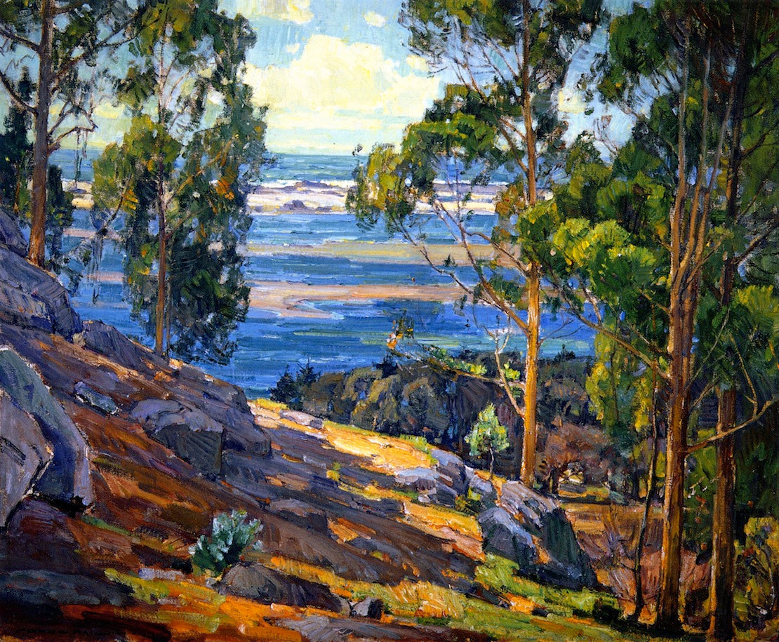 Eucalyptus Trees and Bay, vintage artwork by William Wendt, 12x8" (A4) Poster