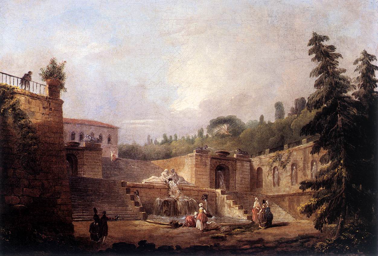 Fountain on a Palace Terrace, vintage artwork by Hubert Robert, 12x8" (A4) Poster