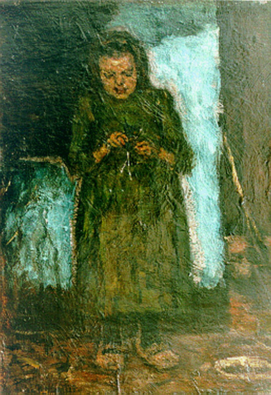 A girl knitting, vintage artwork by Suze Robertson, 12x8" (A4) Poster
