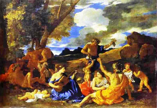 Andrians or The Great Bacchanal with Woman Playing a Lute, vintage artwork by Nicolas Poussin, 12x8" (A4) Poster