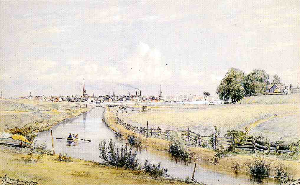 Jersey City with a Glimpse of New York From the Bergen Canal, vintage artwork by William Rickarby  Miller, A3 (16x12") Poster Print