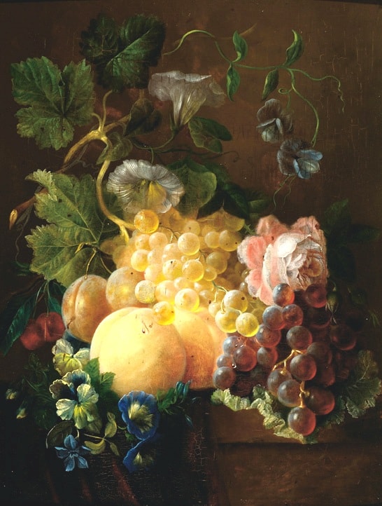 Still life with fruit and flowers on a plinth, vintage artwork by Adriana Johanna Haanen, A3 (16x12") Poster Print