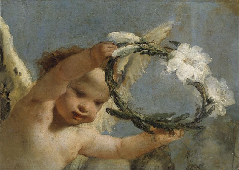 Angel with a Crown of Lilies, vintage artwork by Giovanni Battista Tiepolo, 12x8" (A4) Poster