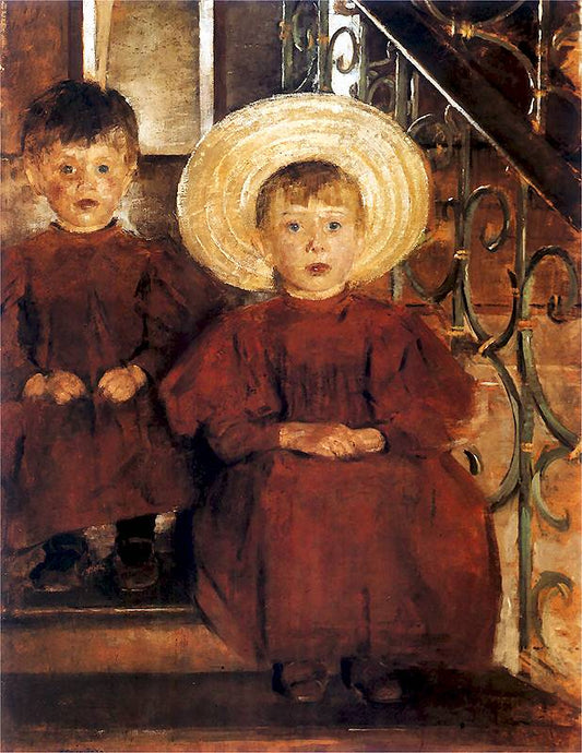 Children on the Stairs, vintage artwork by Olga Boznańska, 12x8" (A4) Poster