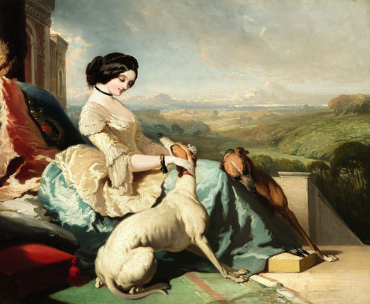 A Lady Sitting with two Greyhounds, vintage artwork by Alfred de Dreux, A3 (16x12") Poster Print