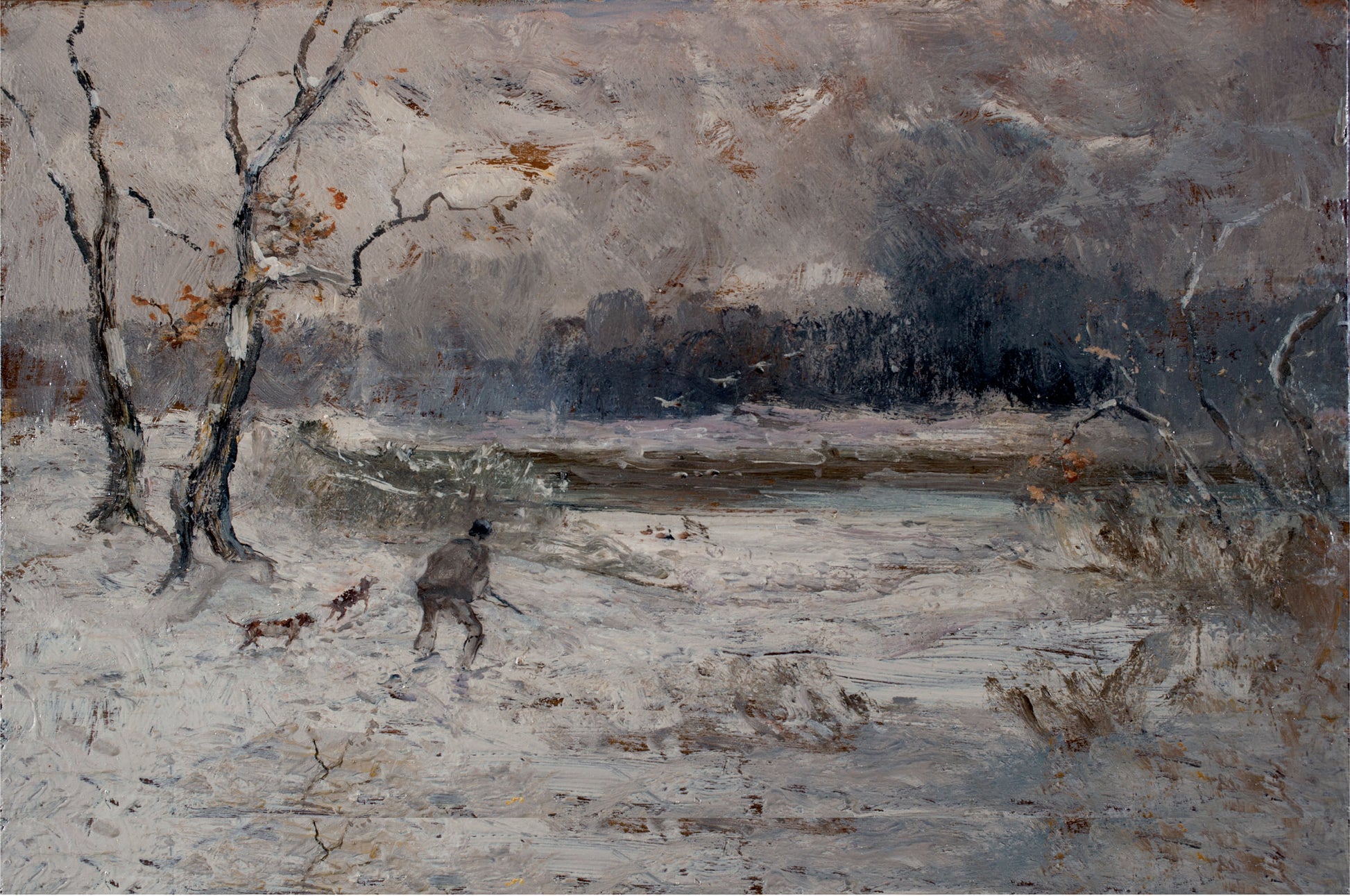 Hunter in Winter Landscape, vintage artwork by Pompeo Mariani, 12x8" (A4) Poster
