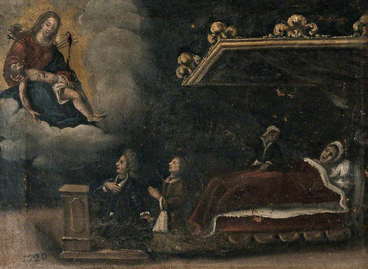 A Man and Woman Praying to the Virgin and Christ with a Woman in Bed Attended by  a Nurse, vintage artwork by Italian School 18th Century - Unknown, 12x8" (A4) Poster
