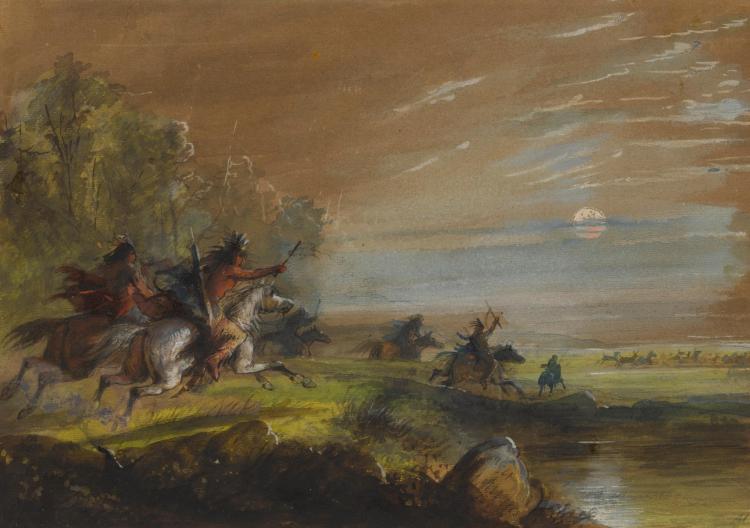 Hunting Elk by  Moonlight, vintage artwork by Alfred Jacob Miller, A3 (16x12") Poster Print