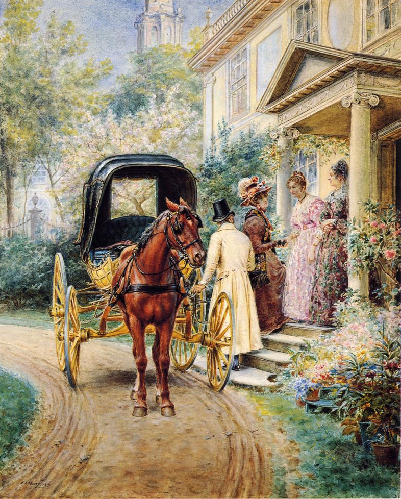 Mrs. Lydig and Her Daughter Greeting Their Guest, vintage artwork by Edward Lamson Henry, 12x8" (A4) Poster