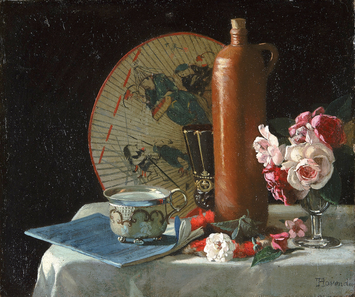 Still Life with Fan and Roses, vintage artwork by Thomas Hovenden, 12x8" (A4) Poster