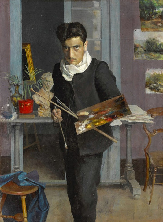 Self-portrait of the artist in his studio, vintage artwork by Julio Romero de Torres, 12x8" (A4) Poster