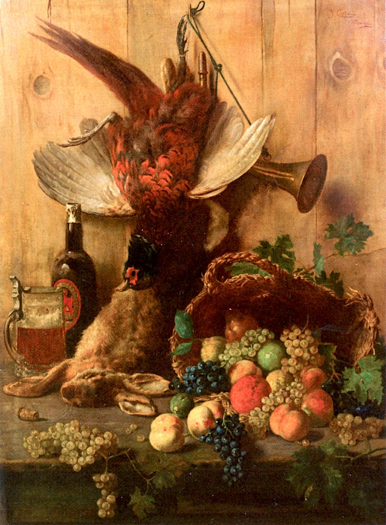 Still Life with Game, Tankard and Fruit, vintage artwork by Oreste Costa, 12x8" (A4) Poster