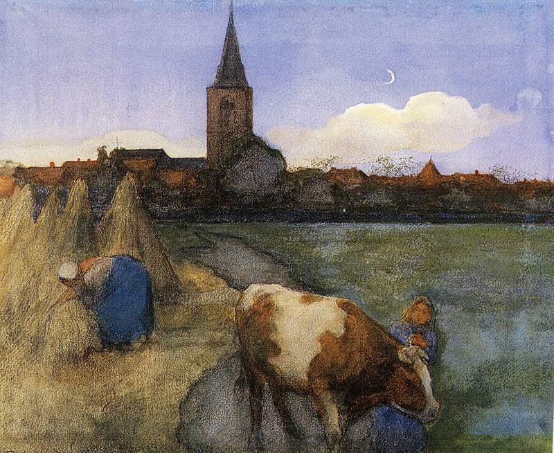 Farm Scene with St. Jacobs Church, vintage artwork by Piet Mondriaan, 12x8" (A4) Poster
