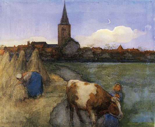 Farm Scene with St. Jacobs Church, vintage artwork by Piet Mondriaan, 12x8" (A4) Poster
