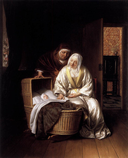 Two Women by  a Cradle, vintage artwork by Samuel van Hoogstraeten, 12x8" (A4) Poster