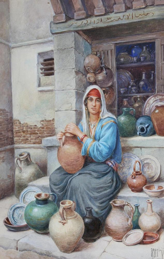 A Pottery Vendor, vintage artwork by Vittorio Rappini, 12x8" (A4) Poster